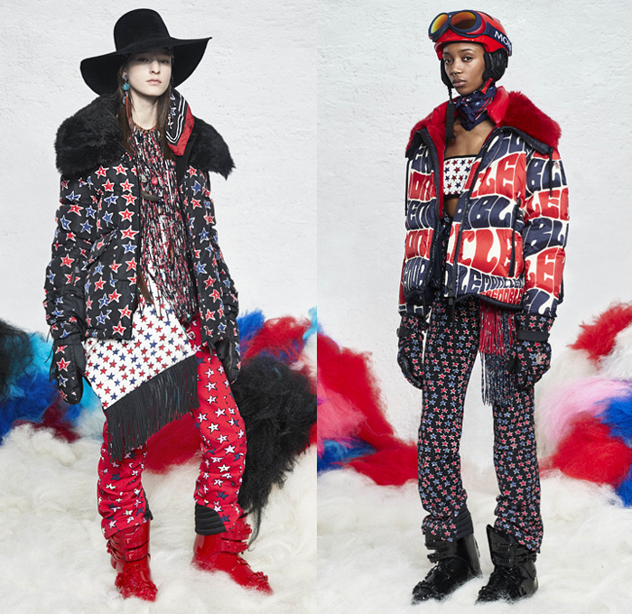 Moncler Grenoble 2019-2020 Fall Autumn Winter Womens Runway Catwalk Looks - Milano Moda Donna Collezione Milan Fashion Week Italy - 1970s Seventies Woodstock Quilted Puffer Padded Down Bubble Coat Parka Poncho Jacket Ski Snow Arctic Helmet Goggles Tiered Fringes Colorblock Stars Knit Turtleneck Patchwork Check Plaid Scarf Fur Leggings Hat Goggles Gloves Boots