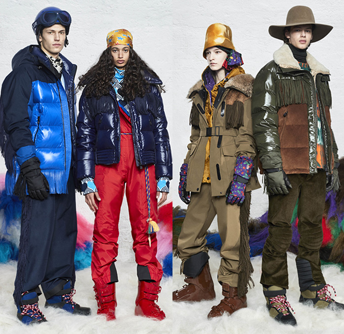 Moncler Grenoble 2019-2020 Fall Autumn Winter Womens Runway Catwalk Looks - Milano Moda Donna Collezione Milan Fashion Week Italy - 1970s Seventies Woodstock Quilted Puffer Padded Down Bubble Coat Parka Poncho Jacket Ski Snow Arctic Helmet Goggles Tiered Fringes Colorblock Stars Knit Turtleneck Patchwork Check Plaid Scarf Fur Leggings Hat Goggles Gloves Boots