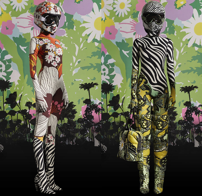 Moncler 0 Richard Quinn 2019-2020 Fall Autumn Winter Womens Lookbook Presentation Moncler Genius Project - Milano Moda Donna Collezione Milan Fashion Week Italy - Motorcycle Biker Motocross Helmet Goggles Onesie Jumpsuit Coveralls Leotard Unitard Tropical Flowers Floral Sunflowers Animalia Zebra Leopard Polka Dots Print Pattern Decorative Shower Cap Dress Jewels Gems Coat Parka Jacket Gloves Feathers Puffer Quilted Handbag Heels Padded Boots