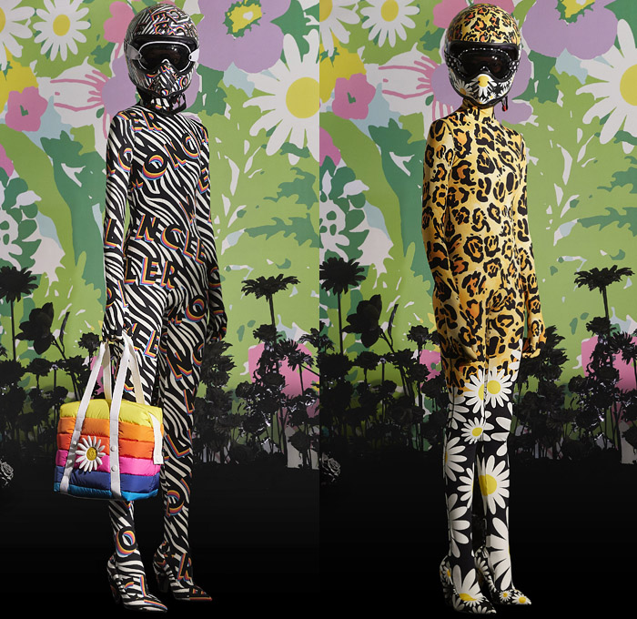 Moncler 0 Richard Quinn 2019-2020 Fall Autumn Winter Womens Lookbook Presentation Moncler Genius Project - Milano Moda Donna Collezione Milan Fashion Week Italy - Motorcycle Biker Motocross Helmet Goggles Onesie Jumpsuit Coveralls Leotard Unitard Tropical Flowers Floral Sunflowers Animalia Zebra Leopard Polka Dots Print Pattern Decorative Shower Cap Dress Jewels Gems Coat Parka Jacket Gloves Feathers Puffer Quilted Handbag Heels Padded Boots