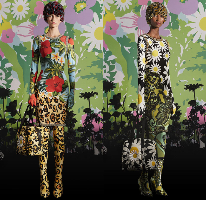 Moncler 0 Richard Quinn 2019-2020 Fall Autumn Winter Womens Lookbook Presentation Moncler Genius Project - Milano Moda Donna Collezione Milan Fashion Week Italy - Motorcycle Biker Motocross Helmet Goggles Onesie Jumpsuit Coveralls Leotard Unitard Tropical Flowers Floral Sunflowers Animalia Zebra Leopard Polka Dots Print Pattern Decorative Shower Cap Dress Jewels Gems Coat Parka Jacket Gloves Feathers Puffer Quilted Handbag Heels Padded Boots