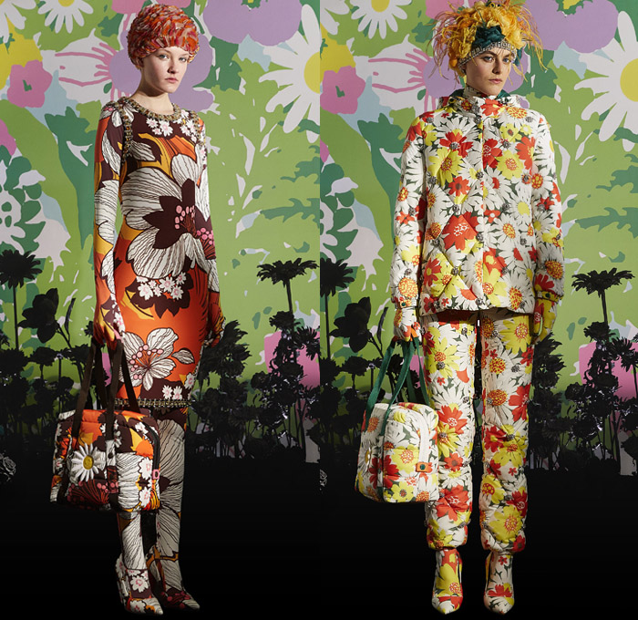 Moncler 0 Richard Quinn 2019-2020 Fall Autumn Winter Womens Lookbook Presentation Moncler Genius Project - Milano Moda Donna Collezione Milan Fashion Week Italy - Motorcycle Biker Motocross Helmet Goggles Onesie Jumpsuit Coveralls Leotard Unitard Tropical Flowers Floral Sunflowers Animalia Zebra Leopard Polka Dots Print Pattern Decorative Shower Cap Dress Jewels Gems Coat Parka Jacket Gloves Feathers Puffer Quilted Handbag Heels Padded Boots