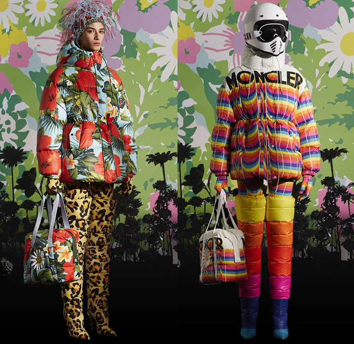 Moncler 0 Richard Quinn 2019-2020 Fall Autumn Winter Womens Lookbook Presentation Moncler Genius Project - Milano Moda Donna Collezione Milan Fashion Week Italy - Motorcycle Biker Motocross Helmet Goggles Onesie Jumpsuit Coveralls Leotard Unitard Tropical Flowers Floral Sunflowers Animalia Zebra Leopard Polka Dots Print Pattern Decorative Shower Cap Dress Jewels Gems Coat Parka Jacket Gloves Feathers Puffer Quilted Handbag Heels Padded Boots