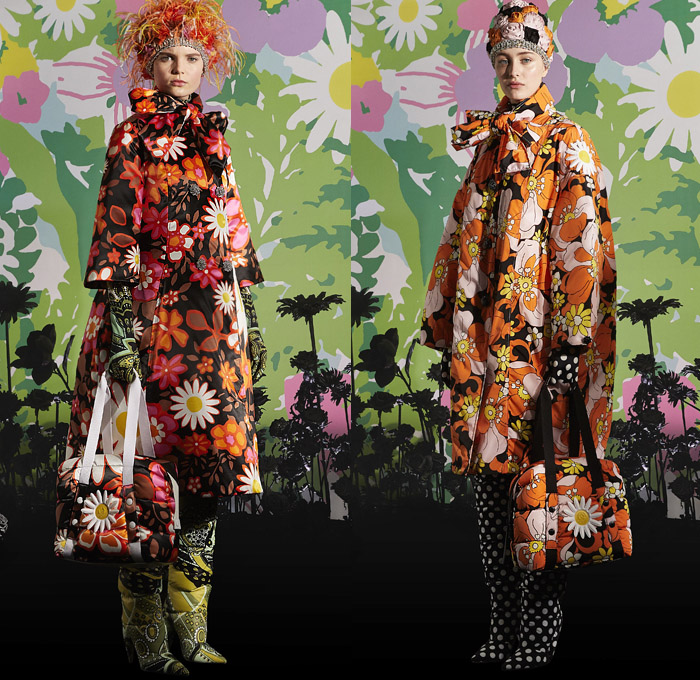 Moncler 0 Richard Quinn 2019-2020 Fall Autumn Winter Womens Lookbook Presentation Moncler Genius Project - Milano Moda Donna Collezione Milan Fashion Week Italy - Motorcycle Biker Motocross Helmet Goggles Onesie Jumpsuit Coveralls Leotard Unitard Tropical Flowers Floral Sunflowers Animalia Zebra Leopard Polka Dots Print Pattern Decorative Shower Cap Dress Jewels Gems Coat Parka Jacket Gloves Feathers Puffer Quilted Handbag Heels Padded Boots