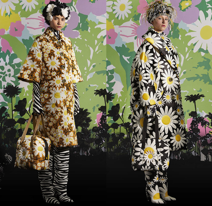 Moncler 0 Richard Quinn 2019-2020 Fall Autumn Winter Womens Lookbook Presentation Moncler Genius Project - Milano Moda Donna Collezione Milan Fashion Week Italy - Motorcycle Biker Motocross Helmet Goggles Onesie Jumpsuit Coveralls Leotard Unitard Tropical Flowers Floral Sunflowers Animalia Zebra Leopard Polka Dots Print Pattern Decorative Shower Cap Dress Jewels Gems Coat Parka Jacket Gloves Feathers Puffer Quilted Handbag Heels Padded Boots