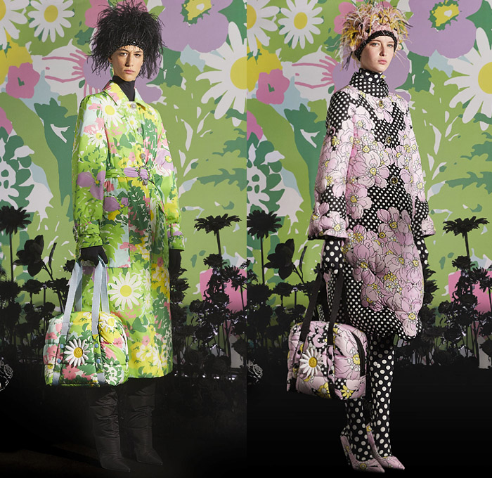 Moncler 0 Richard Quinn 2019-2020 Fall Autumn Winter Womens Lookbook Presentation Moncler Genius Project - Milano Moda Donna Collezione Milan Fashion Week Italy - Motorcycle Biker Motocross Helmet Goggles Onesie Jumpsuit Coveralls Leotard Unitard Tropical Flowers Floral Sunflowers Animalia Zebra Leopard Polka Dots Print Pattern Decorative Shower Cap Dress Jewels Gems Coat Parka Jacket Gloves Feathers Puffer Quilted Handbag Heels Padded Boots