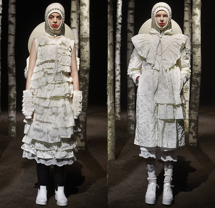 Moncler 4 Simone Rocha 2019-2020 Fall Autumn Winter Womens Lookbook Presentation Moncler Genius Project Collaboration - Milano Moda Donna Collezione Milan Fashion Week Italy - Woods Outdoors Knit Cap Hoodie Mittens Bedazzled Pearls Ruffles Tiered Prairie Peasant Strapless Dress Lace Broderie Anglaise Embroidery Daisies Flowers Floral Tied Knot Bow Sheer Tulle Leg O'Mutton Sleeves Quilted Puffer Down Bubble Parka Jacket Poncho Cape Blanket Comforter Strings Galoshes Boots