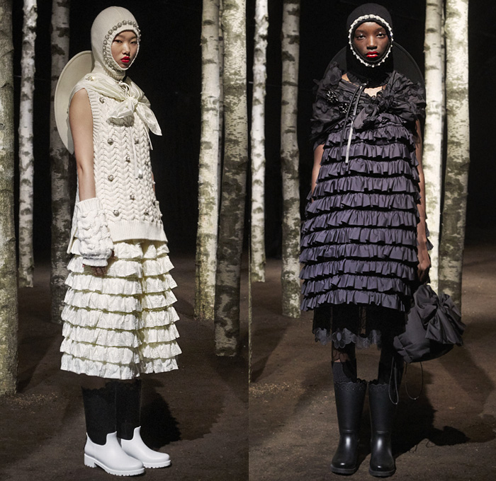 Moncler 4 Simone Rocha 2019-2020 Fall Autumn Winter Womens Lookbook Presentation Moncler Genius Project Collaboration - Milano Moda Donna Collezione Milan Fashion Week Italy - Woods Outdoors Knit Cap Hoodie Mittens Bedazzled Pearls Ruffles Tiered Prairie Peasant Strapless Dress Lace Broderie Anglaise Embroidery Daisies Flowers Floral Tied Knot Bow Sheer Tulle Leg O'Mutton Sleeves Quilted Puffer Down Bubble Parka Jacket Poncho Cape Blanket Comforter Strings Galoshes Boots