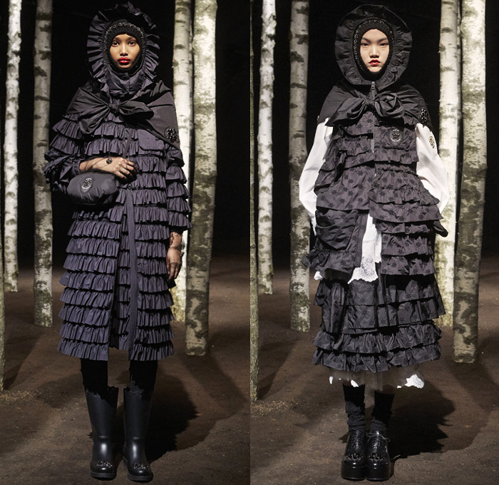 Moncler 4 Simone Rocha 2019-2020 Fall Autumn Winter Womens Lookbook Presentation Moncler Genius Project Collaboration - Milano Moda Donna Collezione Milan Fashion Week Italy - Woods Outdoors Knit Cap Hoodie Mittens Bedazzled Pearls Ruffles Tiered Prairie Peasant Strapless Dress Lace Broderie Anglaise Embroidery Daisies Flowers Floral Tied Knot Bow Sheer Tulle Leg O'Mutton Sleeves Quilted Puffer Down Bubble Parka Jacket Poncho Cape Blanket Comforter Strings Galoshes Boots
