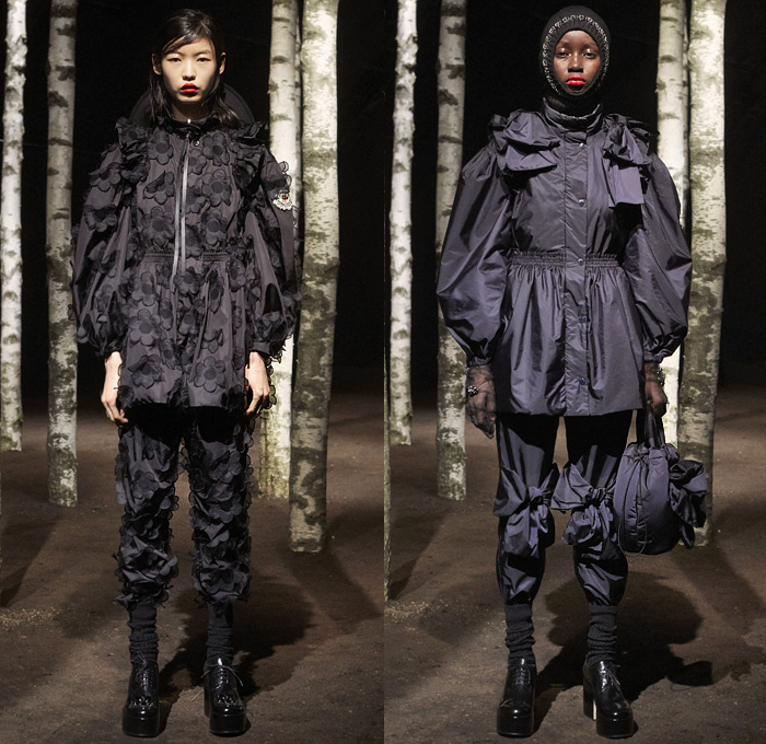 Moncler 4 Simone Rocha 2019-2020 Fall Autumn Winter Womens Lookbook Presentation Moncler Genius Project Collaboration - Milano Moda Donna Collezione Milan Fashion Week Italy - Woods Outdoors Knit Cap Hoodie Mittens Bedazzled Pearls Ruffles Tiered Prairie Peasant Strapless Dress Lace Broderie Anglaise Embroidery Daisies Flowers Floral Tied Knot Bow Sheer Tulle Leg O'Mutton Sleeves Quilted Puffer Down Bubble Parka Jacket Poncho Cape Blanket Comforter Strings Galoshes Boots