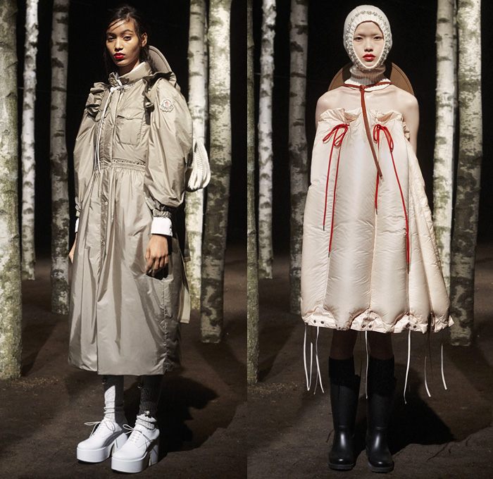 Moncler 4 Simone Rocha 2019-2020 Fall Autumn Winter Womens Lookbook Presentation Moncler Genius Project Collaboration - Milano Moda Donna Collezione Milan Fashion Week Italy - Woods Outdoors Knit Cap Hoodie Mittens Bedazzled Pearls Ruffles Tiered Prairie Peasant Strapless Dress Lace Broderie Anglaise Embroidery Daisies Flowers Floral Tied Knot Bow Sheer Tulle Leg O'Mutton Sleeves Quilted Puffer Down Bubble Parka Jacket Poncho Cape Blanket Comforter Strings Galoshes Boots