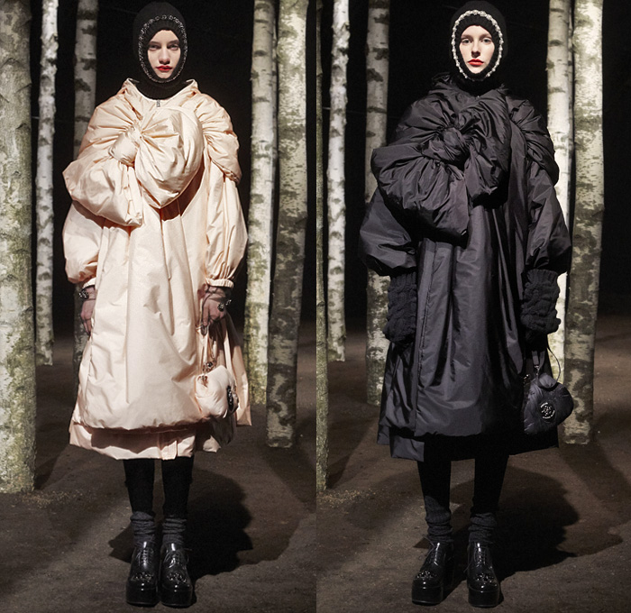 Moncler 4 Simone Rocha 2019-2020 Fall Autumn Winter Womens Lookbook Presentation Moncler Genius Project Collaboration - Milano Moda Donna Collezione Milan Fashion Week Italy - Woods Outdoors Knit Cap Hoodie Mittens Bedazzled Pearls Ruffles Tiered Prairie Peasant Strapless Dress Lace Broderie Anglaise Embroidery Daisies Flowers Floral Tied Knot Bow Sheer Tulle Leg O'Mutton Sleeves Quilted Puffer Down Bubble Parka Jacket Poncho Cape Blanket Comforter Strings Galoshes Boots