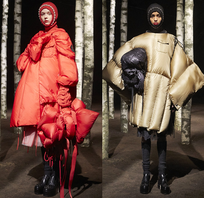 Moncler 4 Simone Rocha 2019-2020 Fall Autumn Winter Womens Lookbook Presentation Moncler Genius Project Collaboration - Milano Moda Donna Collezione Milan Fashion Week Italy - Woods Outdoors Knit Cap Hoodie Mittens Bedazzled Pearls Ruffles Tiered Prairie Peasant Strapless Dress Lace Broderie Anglaise Embroidery Daisies Flowers Floral Tied Knot Bow Sheer Tulle Leg O'Mutton Sleeves Quilted Puffer Down Bubble Parka Jacket Poncho Cape Blanket Comforter Strings Galoshes Boots