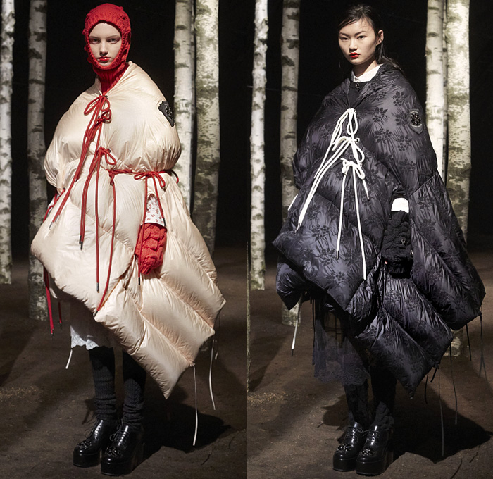 Moncler 4 Simone Rocha 2019-2020 Fall Autumn Winter Womens Lookbook Presentation Moncler Genius Project Collaboration - Milano Moda Donna Collezione Milan Fashion Week Italy - Woods Outdoors Knit Cap Hoodie Mittens Bedazzled Pearls Ruffles Tiered Prairie Peasant Strapless Dress Lace Broderie Anglaise Embroidery Daisies Flowers Floral Tied Knot Bow Sheer Tulle Leg O'Mutton Sleeves Quilted Puffer Down Bubble Parka Jacket Poncho Cape Blanket Comforter Strings Galoshes Boots