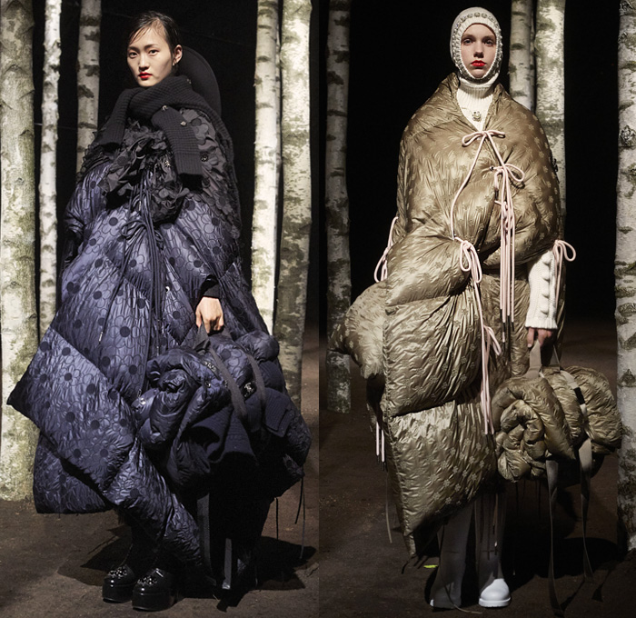 Moncler 4 Simone Rocha 2019-2020 Fall Autumn Winter Womens Lookbook Presentation Moncler Genius Project Collaboration - Milano Moda Donna Collezione Milan Fashion Week Italy - Woods Outdoors Knit Cap Hoodie Mittens Bedazzled Pearls Ruffles Tiered Prairie Peasant Strapless Dress Lace Broderie Anglaise Embroidery Daisies Flowers Floral Tied Knot Bow Sheer Tulle Leg O'Mutton Sleeves Quilted Puffer Down Bubble Parka Jacket Poncho Cape Blanket Comforter Strings Galoshes Boots