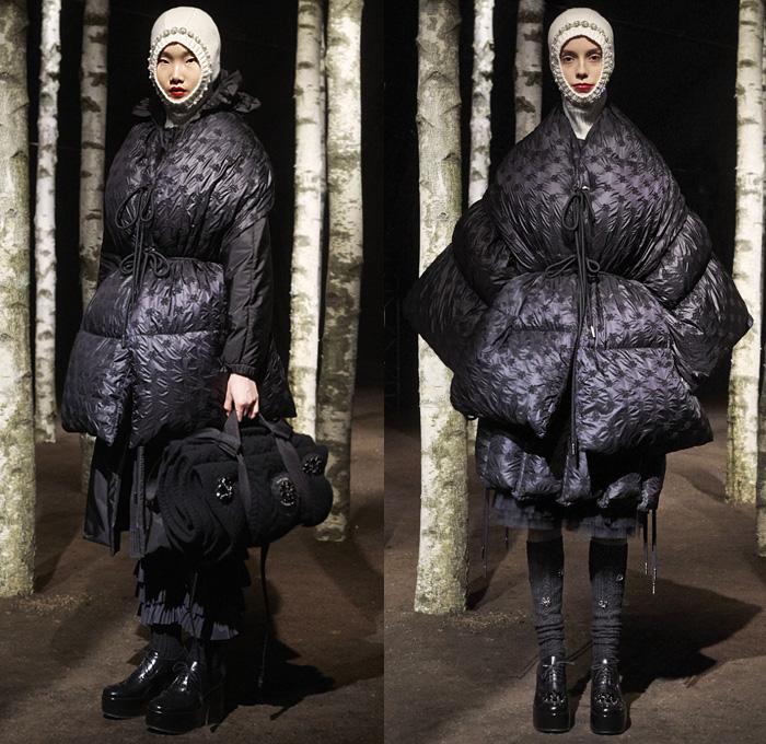 Moncler 4 Simone Rocha 2019-2020 Fall Autumn Winter Womens Lookbook Presentation Moncler Genius Project Collaboration - Milano Moda Donna Collezione Milan Fashion Week Italy - Woods Outdoors Knit Cap Hoodie Mittens Bedazzled Pearls Ruffles Tiered Prairie Peasant Strapless Dress Lace Broderie Anglaise Embroidery Daisies Flowers Floral Tied Knot Bow Sheer Tulle Leg O'Mutton Sleeves Quilted Puffer Down Bubble Parka Jacket Poncho Cape Blanket Comforter Strings Galoshes Boots