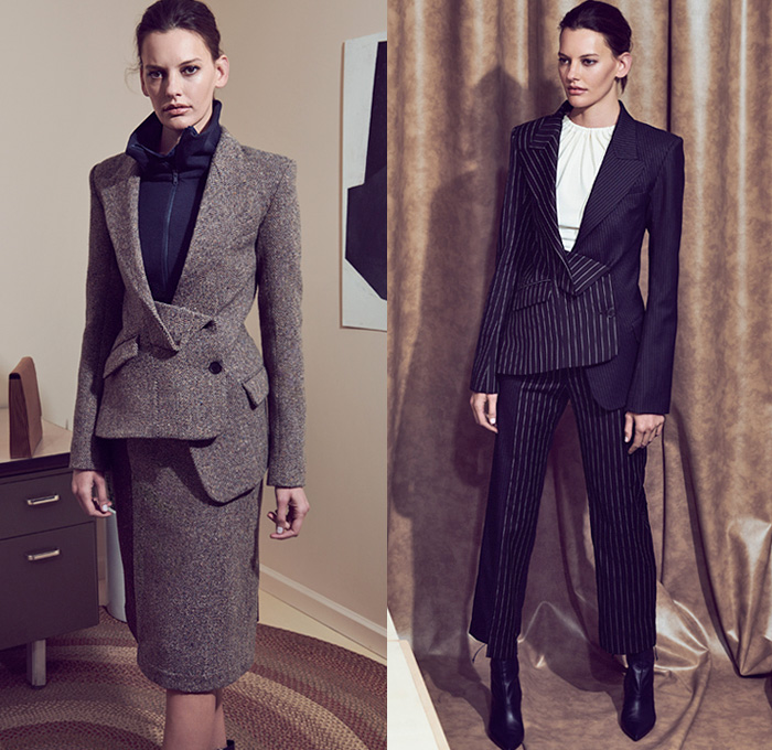 Monse 2019-2020 Fall Autumn Winter Womens Lookbook Presentation - New York Fashion Week NYFW - Deconstructed Hybrid Mixed Panels Blazer Asymmetrical Buttons Turtleneck Pantsuit Pinstripe One Shoulder Strapless Draped Shawl Wool Tweed Cinch Drawstring Tuxedo Stripe Maxi Dress Plaid Check Peacoat Hoodie Trenchanorak Anorakblazer Knit Sweater Fringes Cutout Shoulders Skirt Boots