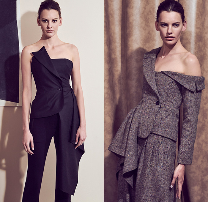 Monse 2019-2020 Fall Autumn Winter Womens Lookbook Presentation - New York Fashion Week NYFW - Deconstructed Hybrid Mixed Panels Blazer Asymmetrical Buttons Turtleneck Pantsuit Pinstripe One Shoulder Strapless Draped Shawl Wool Tweed Cinch Drawstring Tuxedo Stripe Maxi Dress Plaid Check Peacoat Hoodie Trenchanorak Anorakblazer Knit Sweater Fringes Cutout Shoulders Skirt Boots