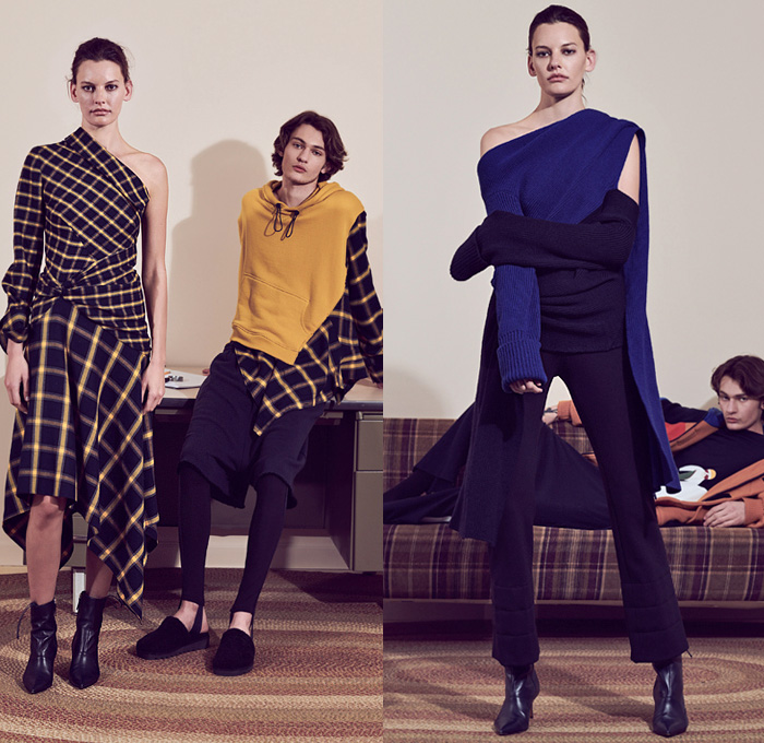 Monse 2019-2020 Fall Autumn Winter Womens Lookbook Presentation - New York Fashion Week NYFW - Deconstructed Hybrid Mixed Panels Blazer Asymmetrical Buttons Turtleneck Pantsuit Pinstripe One Shoulder Strapless Draped Shawl Wool Tweed Cinch Drawstring Tuxedo Stripe Maxi Dress Plaid Check Peacoat Hoodie Trenchanorak Anorakblazer Knit Sweater Fringes Cutout Shoulders Skirt Boots