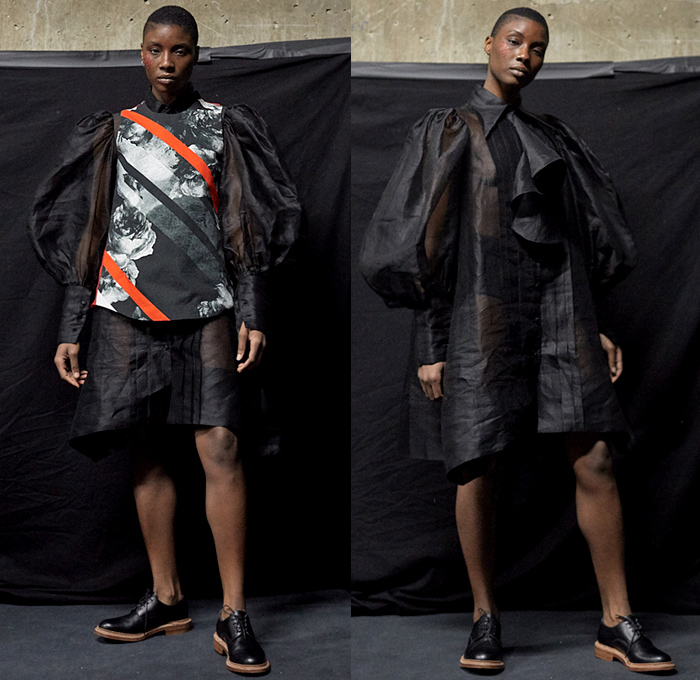 Nabil Nayal 2019-2020 Fall Autumn Winter Womens Lookbook Presentation - London Fashion Week Collections UK - Marie Antoinette Life Preserver Collar High-Low Mullet Hem Quilted Puffer Leg O'Mutton Sleeves Blouse Shirt Sheer Vest Gilet Shirtdress Tights Crinoline Dress Gown Brogues Feathers