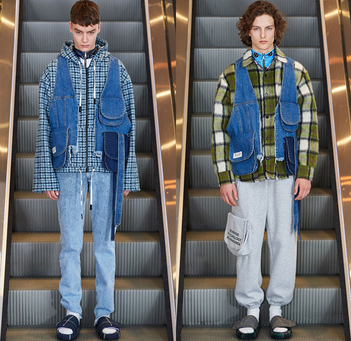 Natasha Zinko 2019-2020 Fall Autumn Winter Mens Runway Catwalk Looks - London Fashion Week Collections UK - Quilted Puffer Multicolored Coat Smiley Faces Plaid Check Wrap Shirt Denim Jeans Vest Hoodie Sweatshirt Cargo Utility Pockets Jogger Sweatpants Slide Sandals Gloves