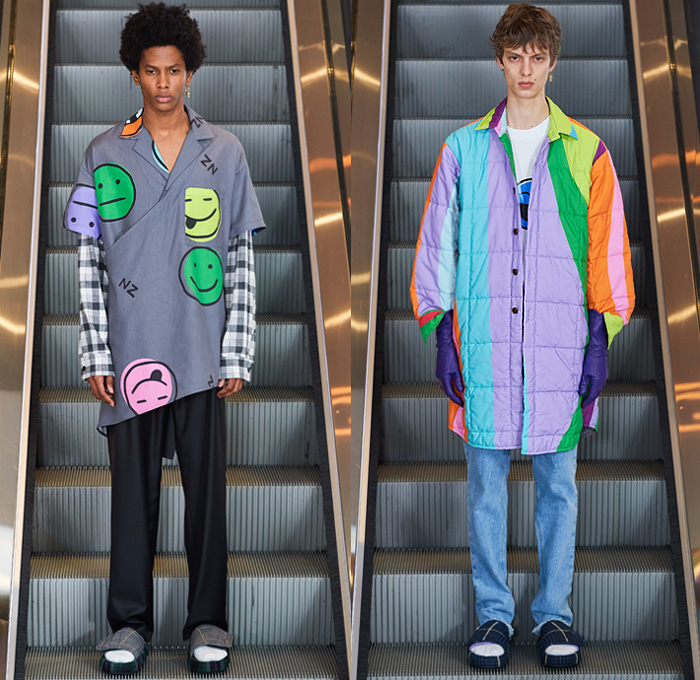 Natasha Zinko 2019-2020 Fall Autumn Winter Mens Runway Catwalk Looks - London Fashion Week Collections UK - Quilted Puffer Multicolored Coat Smiley Faces Plaid Check Wrap Shirt Denim Jeans Vest Hoodie Sweatshirt Cargo Utility Pockets Jogger Sweatpants Slide Sandals Gloves