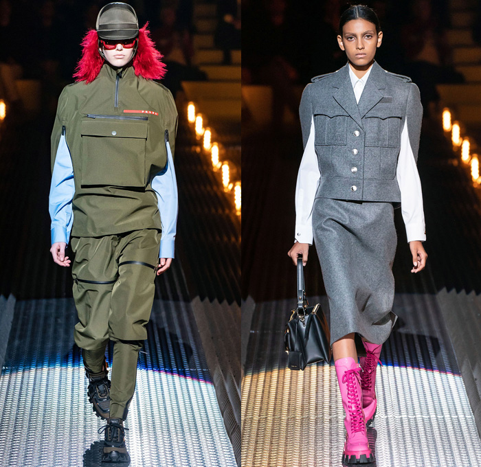 Prada 2019-2020 Fall Autumn Winter Womens Runway Catwalk Looks - Milano Moda Donna Collezione Milan Fashion Week Italy - Bride of Frankenstein Military Officer Cargo Utility Pockets Straps Trench Coat Jacket Hanging Sleeve Wool Nylon Shearling Trompe L'oeil 3D Flowers Floral Roses Print Sheer Tulle Lace Needlework Cutwork Embroidery Herringbone Knot Tied Cape Long Sleeve Blouse Sweater Strapless Dress Gown Skirt Furry Handbag Backpack Army Navy Boots