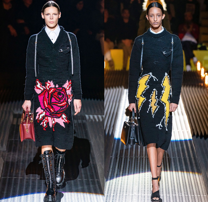 Prada 2019-2020 Fall Autumn Winter Womens Runway Catwalk Looks - Milano Moda Donna Collezione Milan Fashion Week Italy - Bride of Frankenstein Military Officer Cargo Utility Pockets Straps Trench Coat Jacket Hanging Sleeve Wool Nylon Shearling Trompe L'oeil 3D Flowers Floral Roses Print Sheer Tulle Lace Needlework Cutwork Embroidery Herringbone Knot Tied Cape Long Sleeve Blouse Sweater Strapless Dress Gown Skirt Furry Handbag Backpack Army Navy Boots