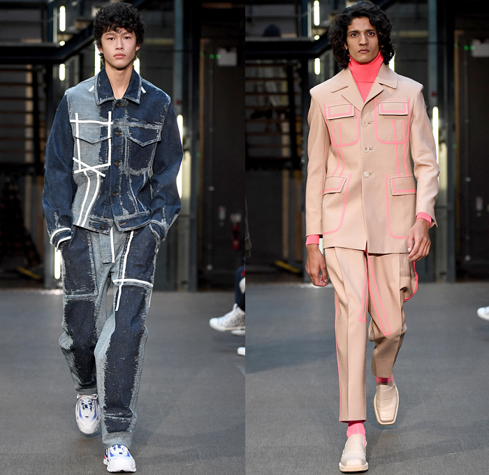 PRONOUNCE 2019-2020 Fall Autumn Winter Mens Runway Looks - Yushan Li and Jun Zhou - London Fashion Week Mens Collections UK - Lines Distressed Corroded Denim Jeans Military Trench Coat Leather Jacket Utility Cargo Pockets Cropped Slouchy Pants Fringes Outerwear Parka Slit Sleeve Quilted Velvet Vest Sleeveless Tabard Geometric Face Tuxedo Stripe Plaid Check Long Sleeve Shirt Rope Graphic Turtleneck Sweater Oversized Toggle Fasteners Trainers Boots