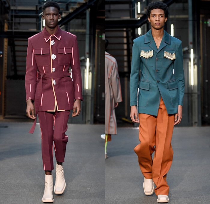 PRONOUNCE 2019-2020 Fall Autumn Winter Mens Runway Looks - Yushan Li and Jun Zhou - London Fashion Week Mens Collections UK - Lines Distressed Corroded Denim Jeans Military Trench Coat Leather Jacket Utility Cargo Pockets Cropped Slouchy Pants Fringes Outerwear Parka Slit Sleeve Quilted Velvet Vest Sleeveless Tabard Geometric Face Tuxedo Stripe Plaid Check Long Sleeve Shirt Rope Graphic Turtleneck Sweater Oversized Toggle Fasteners Trainers Boots