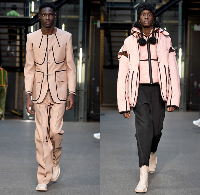 PRONOUNCE 2019-2020 Fall Autumn Winter Mens Runway Looks - Yushan Li and Jun Zhou - London Fashion Week Mens Collections UK - Lines Distressed Corroded Denim Jeans Military Trench Coat Leather Jacket Utility Cargo Pockets Cropped Slouchy Pants Fringes Outerwear Parka Slit Sleeve Quilted Velvet Vest Sleeveless Tabard Geometric Face Tuxedo Stripe Plaid Check Long Sleeve Shirt Rope Graphic Turtleneck Sweater Oversized Toggle Fasteners Trainers Boots