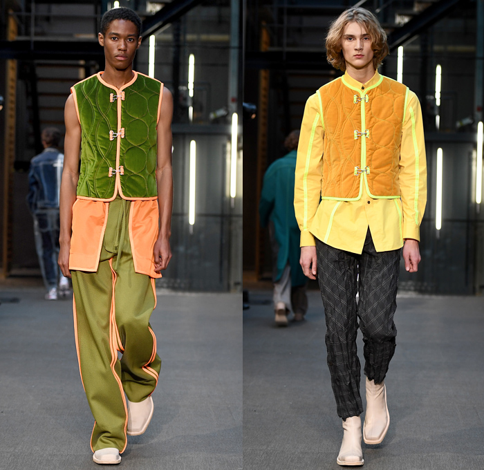 PRONOUNCE 2019-2020 Fall Autumn Winter Mens Runway Looks - Yushan Li and Jun Zhou - London Fashion Week Mens Collections UK - Lines Distressed Corroded Denim Jeans Military Trench Coat Leather Jacket Utility Cargo Pockets Cropped Slouchy Pants Fringes Outerwear Parka Slit Sleeve Quilted Velvet Vest Sleeveless Tabard Geometric Face Tuxedo Stripe Plaid Check Long Sleeve Shirt Rope Graphic Turtleneck Sweater Oversized Toggle Fasteners Trainers Boots