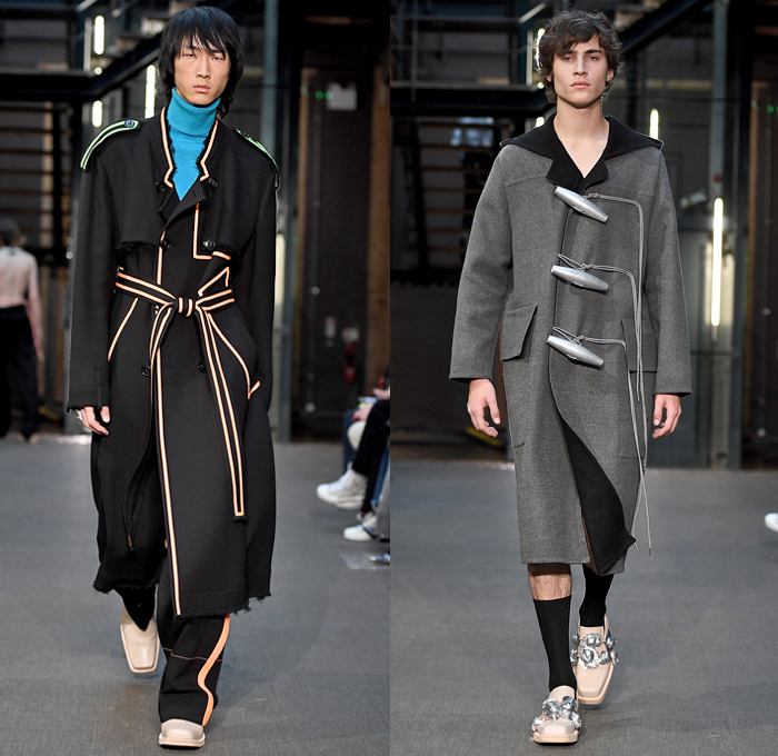 PRONOUNCE 2019-2020 Fall Autumn Winter Mens Runway Looks - Yushan Li and Jun Zhou - London Fashion Week Mens Collections UK - Lines Distressed Corroded Denim Jeans Military Trench Coat Leather Jacket Utility Cargo Pockets Cropped Slouchy Pants Fringes Outerwear Parka Slit Sleeve Quilted Velvet Vest Sleeveless Tabard Geometric Face Tuxedo Stripe Plaid Check Long Sleeve Shirt Rope Graphic Turtleneck Sweater Oversized Toggle Fasteners Trainers Boots