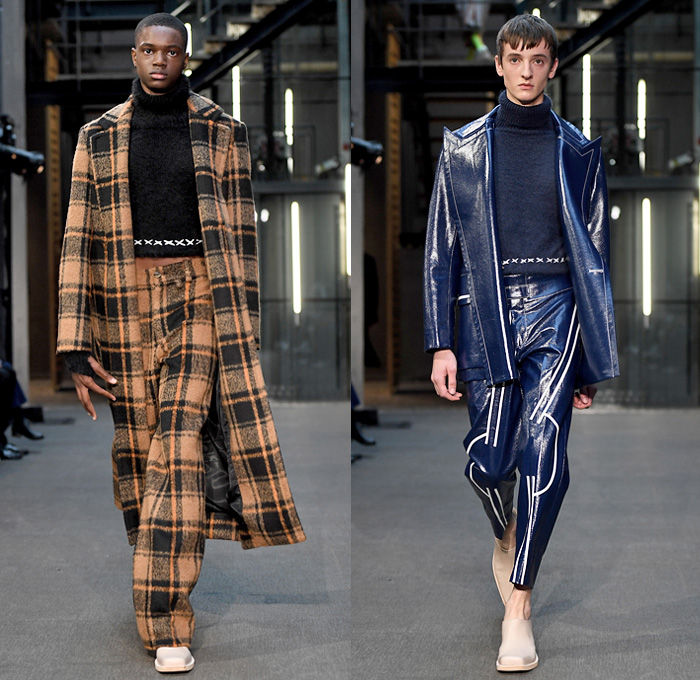 PRONOUNCE 2019-2020 Fall Autumn Winter Mens Runway Looks - Yushan Li and Jun Zhou - London Fashion Week Mens Collections UK - Lines Distressed Corroded Denim Jeans Military Trench Coat Leather Jacket Utility Cargo Pockets Cropped Slouchy Pants Fringes Outerwear Parka Slit Sleeve Quilted Velvet Vest Sleeveless Tabard Geometric Face Tuxedo Stripe Plaid Check Long Sleeve Shirt Rope Graphic Turtleneck Sweater Oversized Toggle Fasteners Trainers Boots