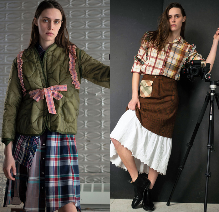 Rentrayage 2019-2020 Fall Autumn Winter Womens Lookbook Presentation Erin Beatty - New York Fashion Week NYFW - Vintage Second Hand Garments Lace Embroidery Leg O'Mutton Sleeves Blouse Victorian Ruffles Patchwork Mix Mash Up Deconstructed Hybrid Panels Fatigues Field Quilted Puffer Jacket Plaid Check Accordion Pleats Skirt Ribbon Trench Coat Blazertrench Flowers Floral Dragon Graphic Print Knit Sweater Shirtdress Peasant Prairie Dress