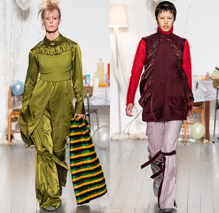 Richard Malone 2019-2020 Fall Autumn Winter Womens Runway Catwalk Looks - London Fashion Week Collections UK - Punk Knit Ribbed Turtleneck Shaggy Fur Frayed Silk Satin Cinch Pleats Drawstring Sleeveless Straps Draped Stripes Dress Skirt Shirtdress Cargo Utility Pockets Check Blazer Outerwear Coat Wide Lapel Cap Sleeve Craters Pattern Wide Leg Pants Boots Tote Bag