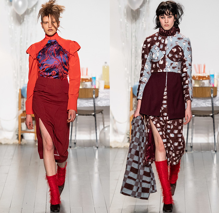 Richard Malone 2019-2020 Fall Autumn Winter Womens Runway Catwalk Looks - London Fashion Week Collections UK - Punk Knit Ribbed Turtleneck Shaggy Fur Frayed Silk Satin Cinch Pleats Drawstring Sleeveless Straps Draped Stripes Dress Skirt Shirtdress Cargo Utility Pockets Check Blazer Outerwear Coat Wide Lapel Cap Sleeve Craters Pattern Wide Leg Pants Boots Tote Bag