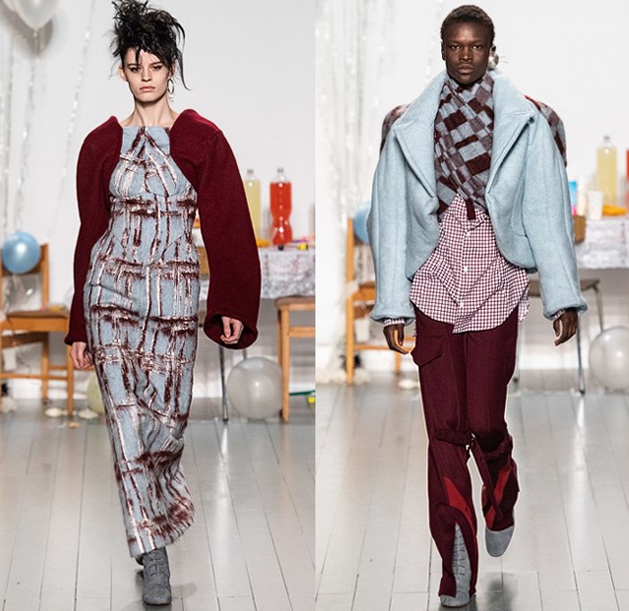 Richard Malone 2019-2020 Fall Autumn Winter Womens Runway Catwalk Looks - London Fashion Week Collections UK - Punk Knit Ribbed Turtleneck Shaggy Fur Frayed Silk Satin Cinch Pleats Drawstring Sleeveless Straps Draped Stripes Dress Skirt Shirtdress Cargo Utility Pockets Check Blazer Outerwear Coat Wide Lapel Cap Sleeve Craters Pattern Wide Leg Pants Boots Tote Bag