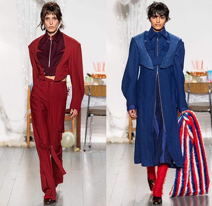 Richard Malone 2019-2020 Fall Autumn Winter Womens Runway Catwalk Looks - London Fashion Week Collections UK - Punk Knit Ribbed Turtleneck Shaggy Fur Frayed Silk Satin Cinch Pleats Drawstring Sleeveless Straps Draped Stripes Dress Skirt Shirtdress Cargo Utility Pockets Check Blazer Outerwear Coat Wide Lapel Cap Sleeve Craters Pattern Wide Leg Pants Boots Tote Bag