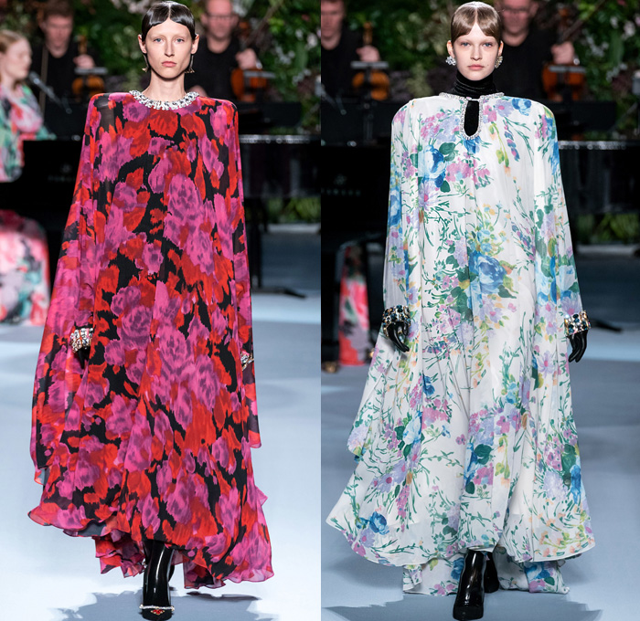 Richard Quinn 2019-2020 Fall Autumn Winter Womens Runway Catwalk Looks - London Fashion Week Collections UK - Latex Bodysuit Maxi Dress Paisley Decorative Art Flowers Floral Print Ornamental Pleats Boxy High Frankenstein Poufy Balloon Bubble Shoulders Turtleneck Sheer Chiffon Tulle Draped Mask Trench Coat Overcoat Ruffles Skirt Giant Bow Poncho Houndstooth Polka Dots Wrap Strapless Bedazzled Sequins Gems Crystals Puffball Tutu Gown Fur Fringes Feathers Gloves Leggings Tights Boots