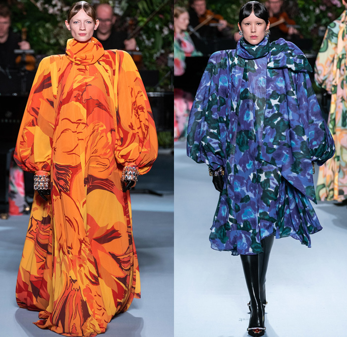 Richard Quinn 2019-2020 Fall Autumn Winter Womens Runway Catwalk Looks - London Fashion Week Collections UK - Latex Bodysuit Maxi Dress Paisley Decorative Art Flowers Floral Print Ornamental Pleats Boxy High Frankenstein Poufy Balloon Bubble Shoulders Turtleneck Sheer Chiffon Tulle Draped Mask Trench Coat Overcoat Ruffles Skirt Giant Bow Poncho Houndstooth Polka Dots Wrap Strapless Bedazzled Sequins Gems Crystals Puffball Tutu Gown Fur Fringes Feathers Gloves Leggings Tights Boots