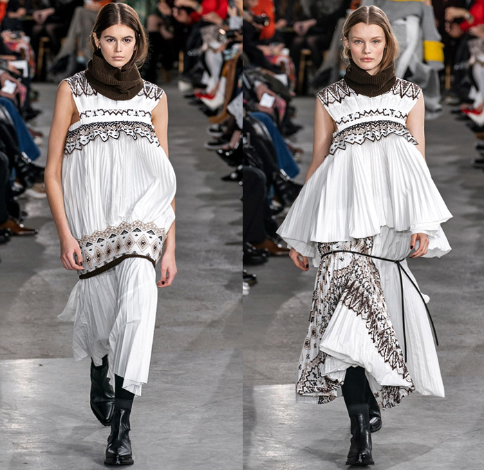 Sacai by Chitose Abe 2019-2020 Fall Autumn Winter Womens Runway Catwalk Looks - Mode à Paris Fashion Week France - Layers Deconstructed Hybrid Accordion Pleats Tribal Geometric Print Peplum Military Cargo Utility Pockets Corset Sheer Tulle Blousedress Abstract Chunky Turtleneck Knit Sweater Fringes Zipper Straps Fur Quilted Puffer Outerwear Trench Coat Parka Denim Jeans Jacket Tabard Nylon Wool Leggings Jagged Hem Skirt Handbag Leopard Boots