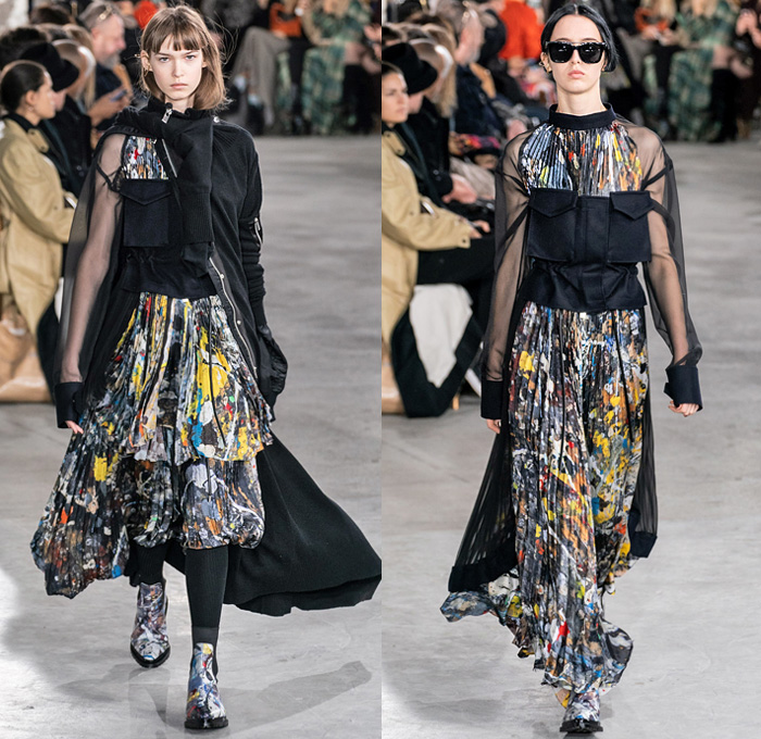 Sacai by Chitose Abe 2019-2020 Fall Autumn Winter Womens Runway Catwalk Looks - Mode à Paris Fashion Week France - Layers Deconstructed Hybrid Accordion Pleats Tribal Geometric Print Peplum Military Cargo Utility Pockets Corset Sheer Tulle Blousedress Abstract Chunky Turtleneck Knit Sweater Fringes Zipper Straps Fur Quilted Puffer Outerwear Trench Coat Parka Denim Jeans Jacket Tabard Nylon Wool Leggings Jagged Hem Skirt Handbag Leopard Boots
