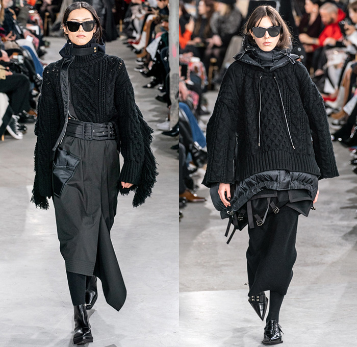 Sacai by Chitose Abe 2019-2020 Fall Autumn Winter Womens Runway Catwalk Looks - Mode à Paris Fashion Week France - Layers Deconstructed Hybrid Accordion Pleats Tribal Geometric Print Peplum Military Cargo Utility Pockets Corset Sheer Tulle Blousedress Abstract Chunky Turtleneck Knit Sweater Fringes Zipper Straps Fur Quilted Puffer Outerwear Trench Coat Parka Denim Jeans Jacket Tabard Nylon Wool Leggings Jagged Hem Skirt Handbag Leopard Boots