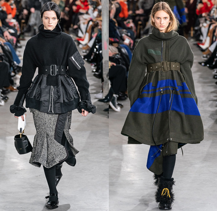 Sacai by Chitose Abe 2019-2020 Fall Autumn Winter Womens Runway Catwalk Looks - Mode à Paris Fashion Week France - Layers Deconstructed Hybrid Accordion Pleats Tribal Geometric Print Peplum Military Cargo Utility Pockets Corset Sheer Tulle Blousedress Abstract Chunky Turtleneck Knit Sweater Fringes Zipper Straps Fur Quilted Puffer Outerwear Trench Coat Parka Denim Jeans Jacket Tabard Nylon Wool Leggings Jagged Hem Skirt Handbag Leopard Boots