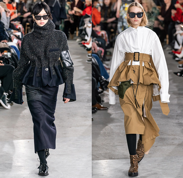 Sacai by Chitose Abe 2019-2020 Fall Autumn Winter Womens Runway Catwalk Looks - Mode à Paris Fashion Week France - Layers Deconstructed Hybrid Accordion Pleats Tribal Geometric Print Peplum Military Cargo Utility Pockets Corset Sheer Tulle Blousedress Abstract Chunky Turtleneck Knit Sweater Fringes Zipper Straps Fur Quilted Puffer Outerwear Trench Coat Parka Denim Jeans Jacket Tabard Nylon Wool Leggings Jagged Hem Skirt Handbag Leopard Boots