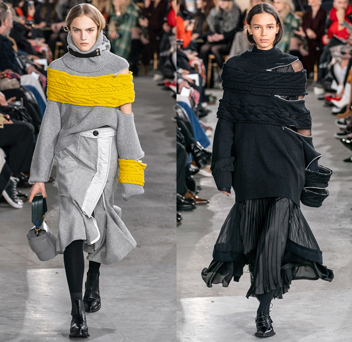 Sacai by Chitose Abe 2019-2020 Fall Autumn Winter Womens Runway Catwalk Looks - Mode à Paris Fashion Week France - Layers Deconstructed Hybrid Accordion Pleats Tribal Geometric Print Peplum Military Cargo Utility Pockets Corset Sheer Tulle Blousedress Abstract Chunky Turtleneck Knit Sweater Fringes Zipper Straps Fur Quilted Puffer Outerwear Trench Coat Parka Denim Jeans Jacket Tabard Nylon Wool Leggings Jagged Hem Skirt Handbag Leopard Boots