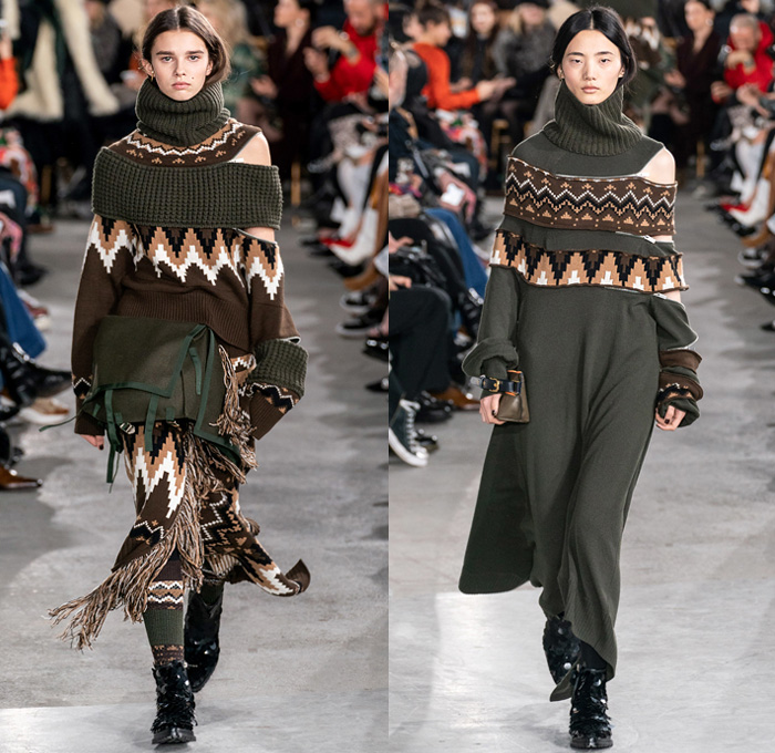 Sacai by Chitose Abe 2019-2020 Fall Autumn Winter Womens Runway Catwalk Looks - Mode à Paris Fashion Week France - Layers Deconstructed Hybrid Accordion Pleats Tribal Geometric Print Peplum Military Cargo Utility Pockets Corset Sheer Tulle Blousedress Abstract Chunky Turtleneck Knit Sweater Fringes Zipper Straps Fur Quilted Puffer Outerwear Trench Coat Parka Denim Jeans Jacket Tabard Nylon Wool Leggings Jagged Hem Skirt Handbag Leopard Boots