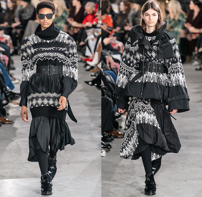 Sacai by Chitose Abe 2019-2020 Fall Autumn Winter Womens Runway Catwalk Looks - Mode à Paris Fashion Week France - Layers Deconstructed Hybrid Accordion Pleats Tribal Geometric Print Peplum Military Cargo Utility Pockets Corset Sheer Tulle Blousedress Abstract Chunky Turtleneck Knit Sweater Fringes Zipper Straps Fur Quilted Puffer Outerwear Trench Coat Parka Denim Jeans Jacket Tabard Nylon Wool Leggings Jagged Hem Skirt Handbag Leopard Boots