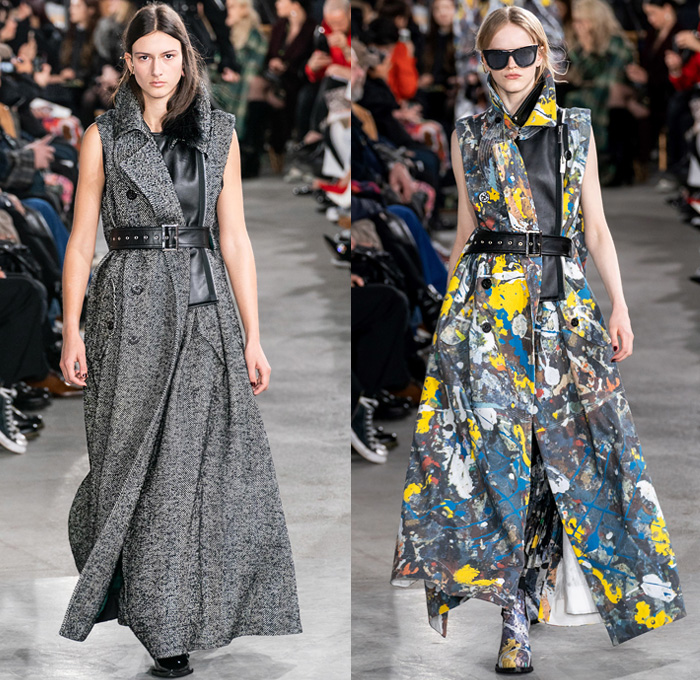 Sacai by Chitose Abe 2019-2020 Fall Autumn Winter Womens Runway Catwalk Looks - Mode à Paris Fashion Week France - Layers Deconstructed Hybrid Accordion Pleats Tribal Geometric Print Peplum Military Cargo Utility Pockets Corset Sheer Tulle Blousedress Abstract Chunky Turtleneck Knit Sweater Fringes Zipper Straps Fur Quilted Puffer Outerwear Trench Coat Parka Denim Jeans Jacket Tabard Nylon Wool Leggings Jagged Hem Skirt Handbag Leopard Boots